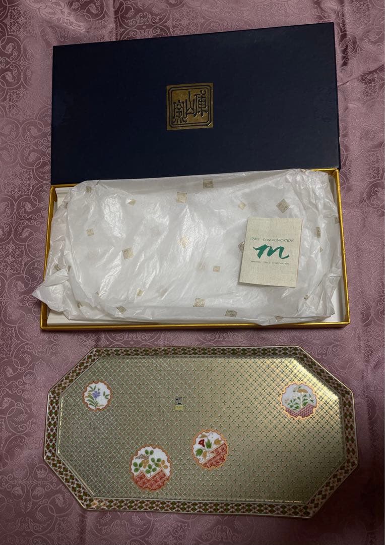 3未使用庫山窯前畑陶器金彩狩衣八角長盛大皿廃盤品 35cm×18cm