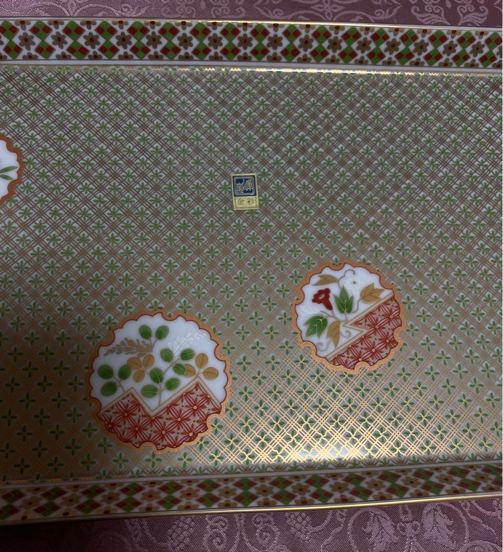 3未使用庫山窯前畑陶器金彩狩衣八角長盛大皿廃盤品 35cm×18cm