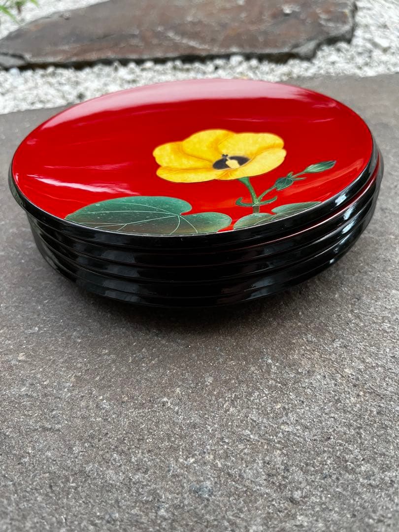 超美品　琉球漆器　bemgo 紅房　べんぼう　平皿　ゆうなの花　5枚セット