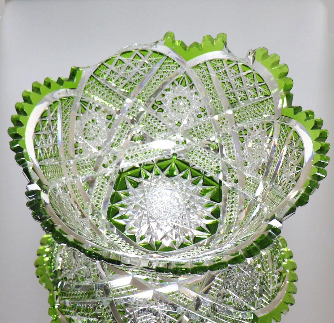 オールド・バカラ 1890年 美術館級 大型 黄緑色被せ切子 丸鉢 アートピース