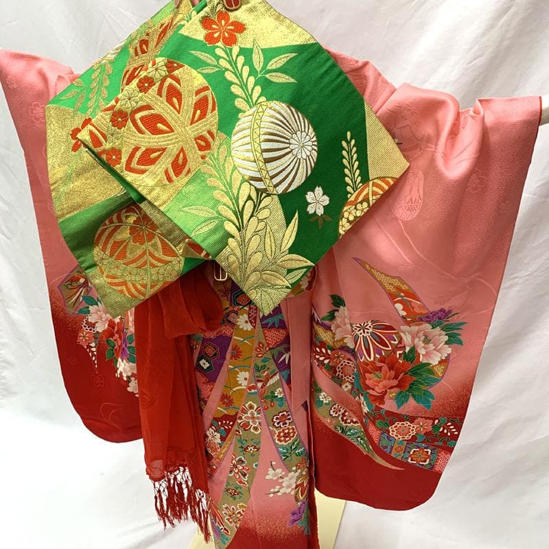 506ag38□七五三 七歳 女児 着物&袋帯 金彩 束ね熨斗 毬□美品