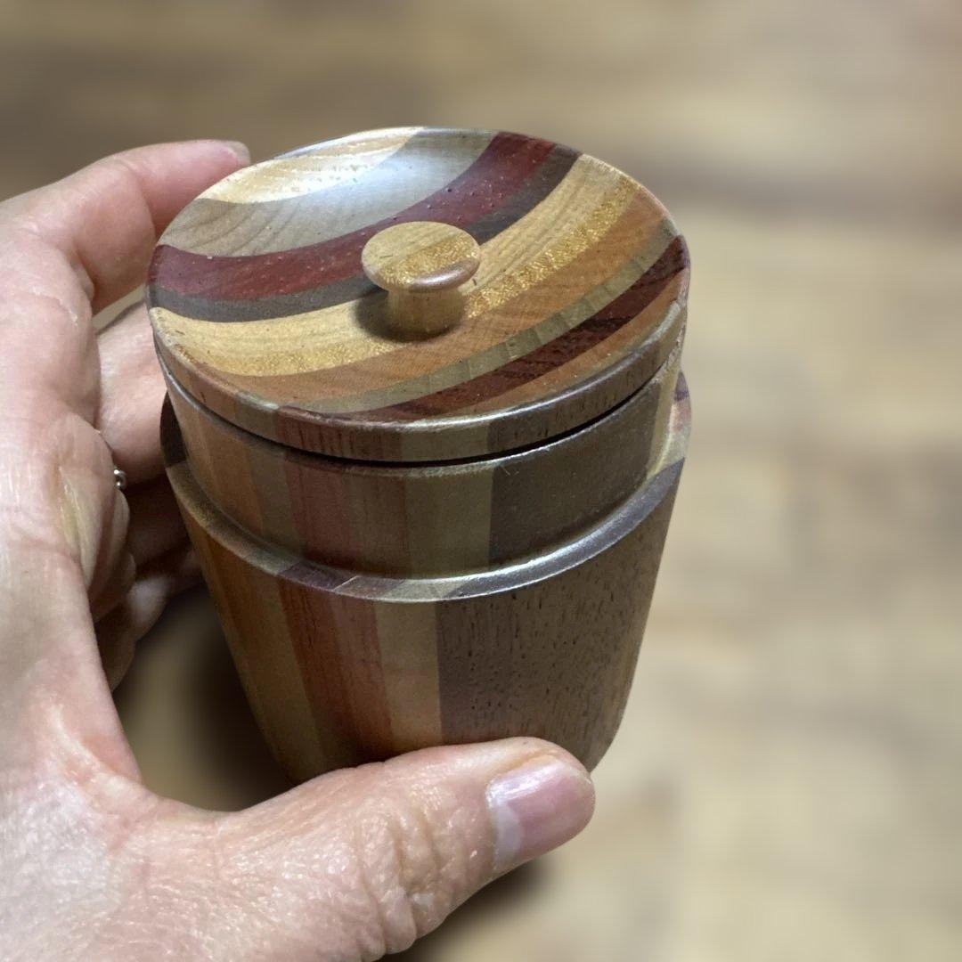 【未使用】箱根寄木細工 茶筒（中蓋付き） シマ模様 伝統工芸品 天然木 無垢作り