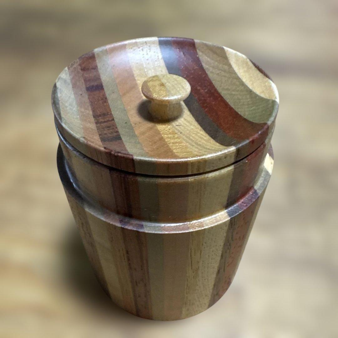 【未使用】箱根寄木細工 茶筒（中蓋付き） シマ模様 伝統工芸品 天然木 無垢作り