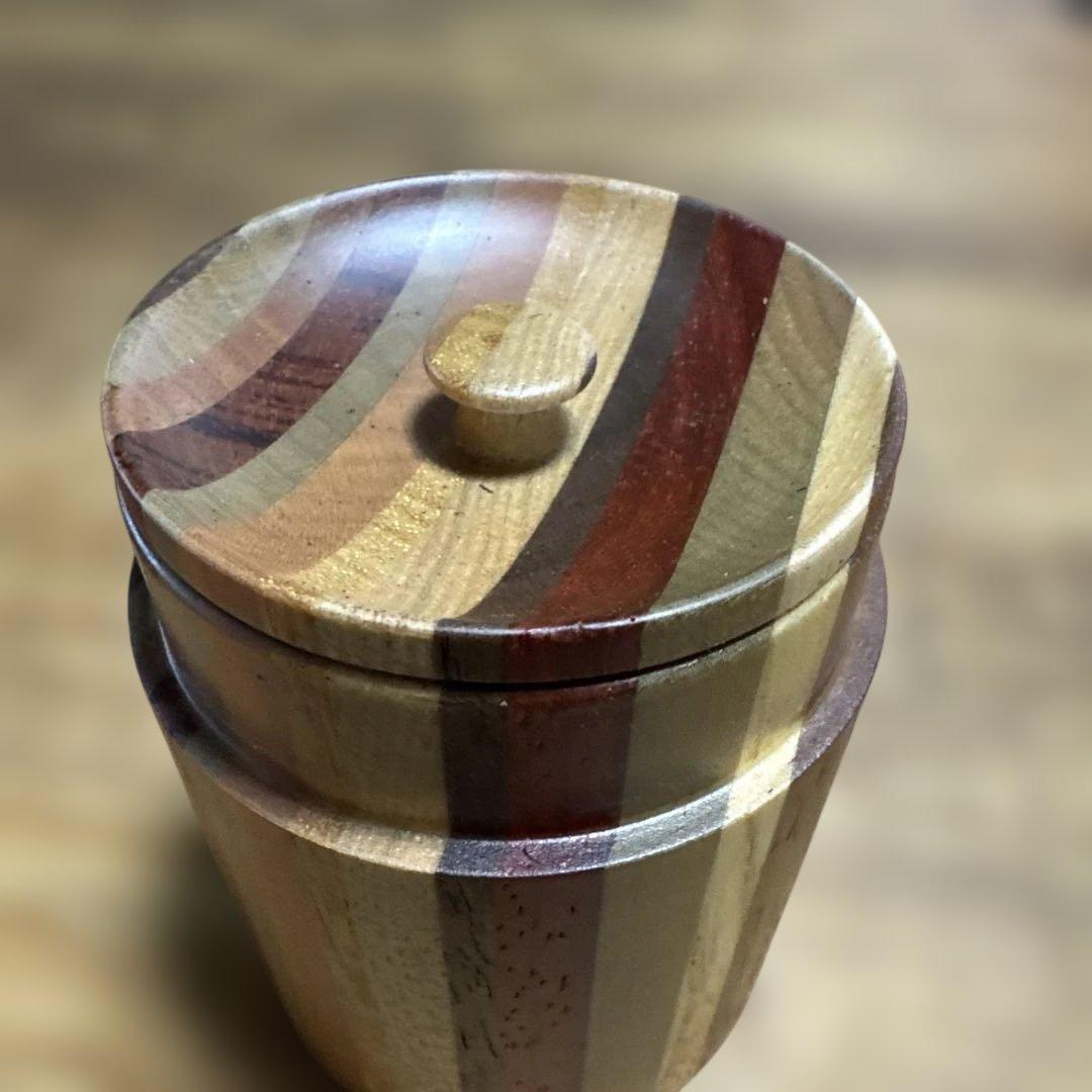 【未使用】箱根寄木細工 茶筒（中蓋付き） シマ模様 伝統工芸品 天然木 無垢作り