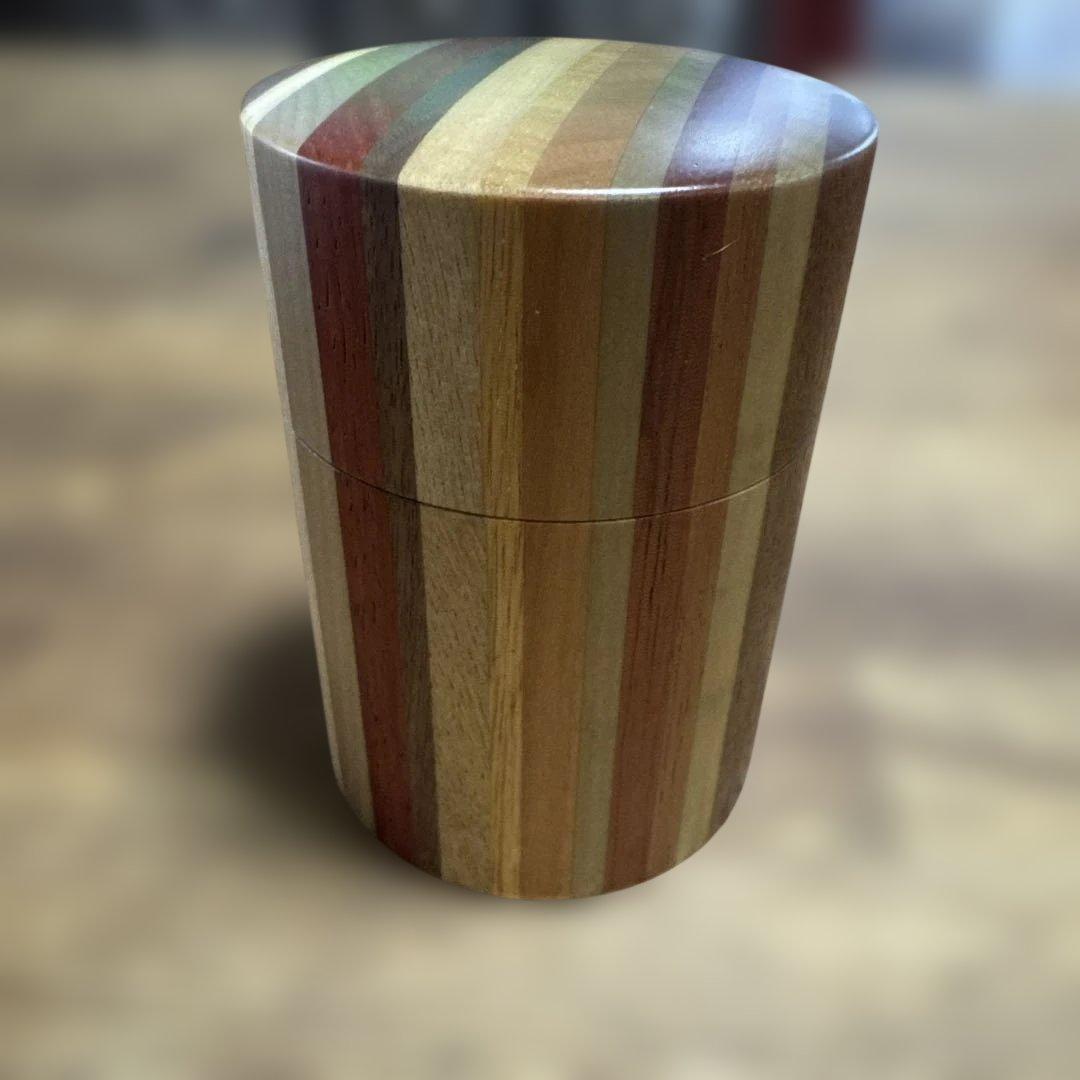 【未使用】箱根寄木細工 茶筒（中蓋付き） シマ模様 伝統工芸品 天然木 無垢作り