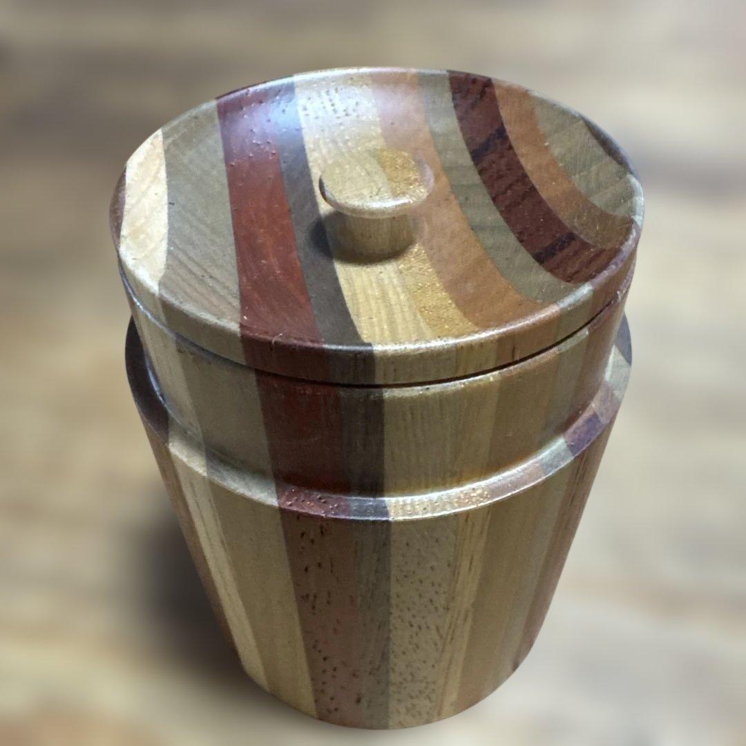 【未使用】箱根寄木細工 茶筒（中蓋付き） シマ模様 伝統工芸品 天然木 無垢作り