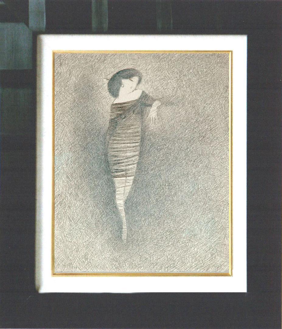 油絵 菅家令子 絵 絵画インテリア額付(青緑＋銀) F3-010111 人物女性