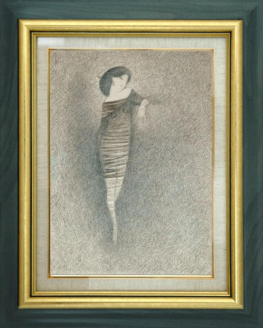 油絵 菅家令子 絵 絵画インテリア額付(青緑＋銀) F3-010111 人物女性