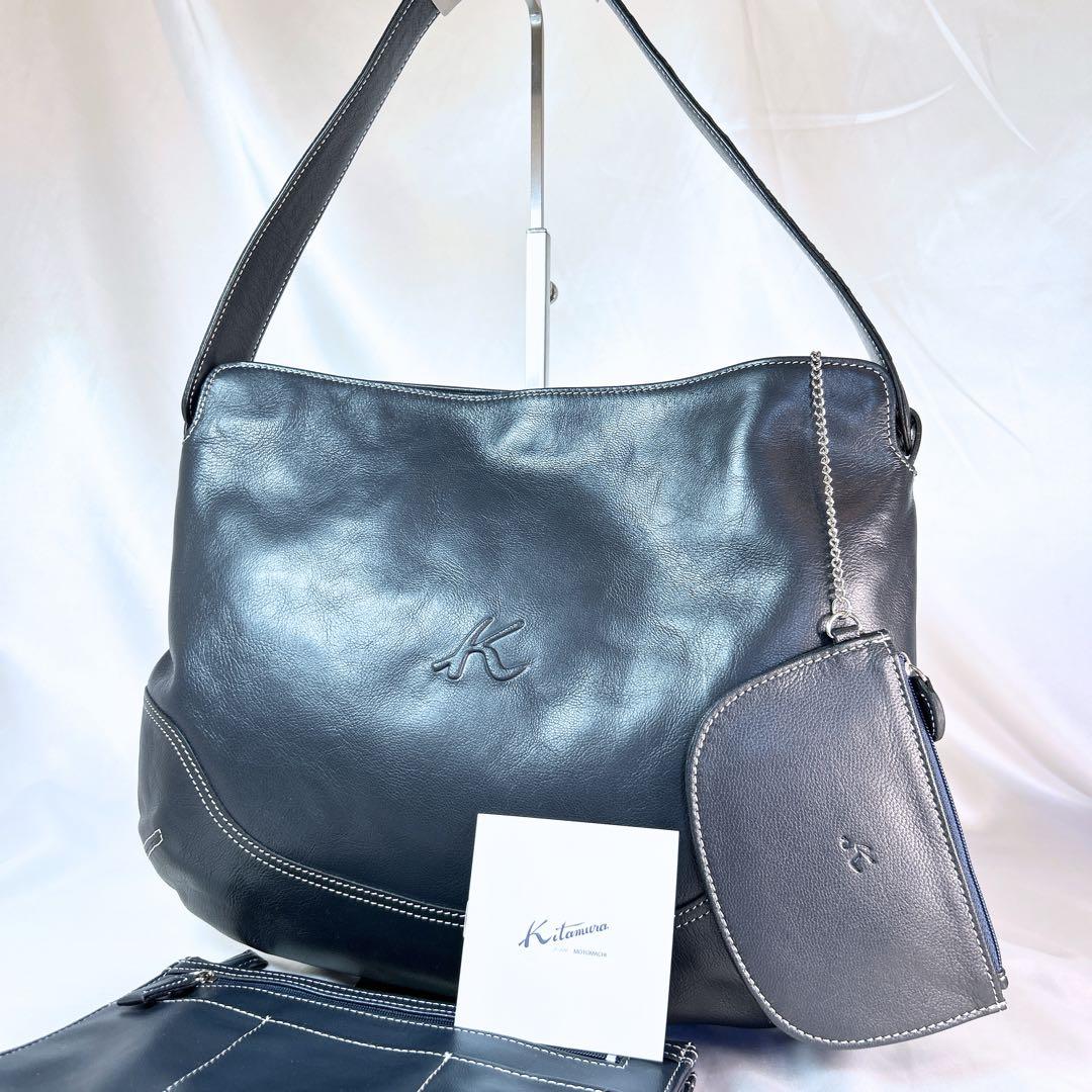 未使用級 キタムラ ワンショルダーバッグ 肩掛け レザー ネイビー ポーチ付き