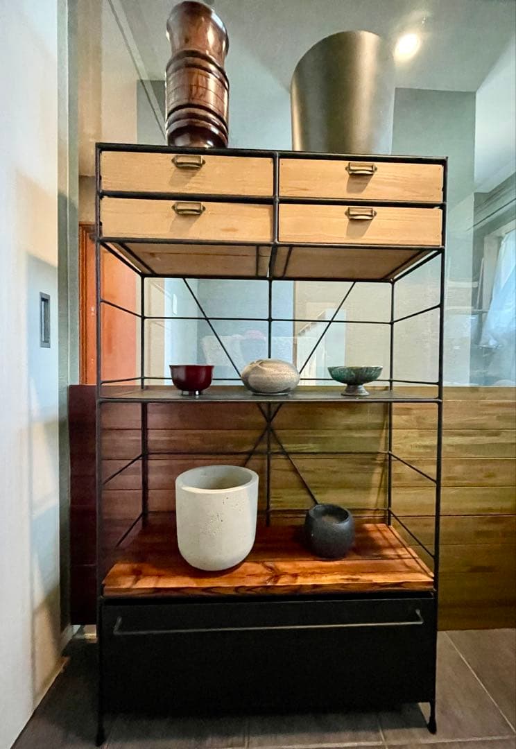 美品■アイアン×天然木 ドロワーシェルフ/キッチンボード/ディスプレイラック