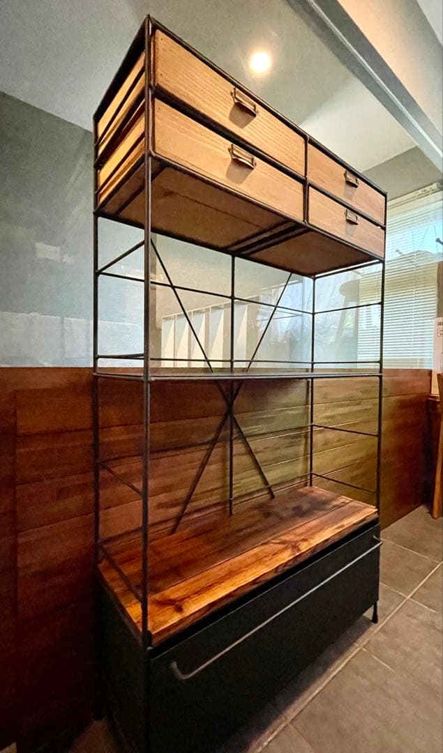 美品■アイアン×天然木 ドロワーシェルフ/キッチンボード/ディスプレイラック