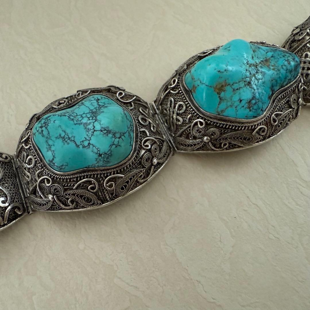 アンティーク中国輸出用銀器　銀線細工トルコ石ターコイズバングルブレスレット大ぶり