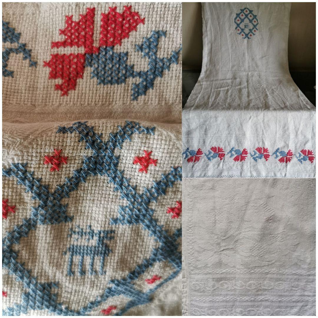 アンティークイタリア ダマスク織リネン カーネーション＆馴鹿 クロスステッチ刺繍