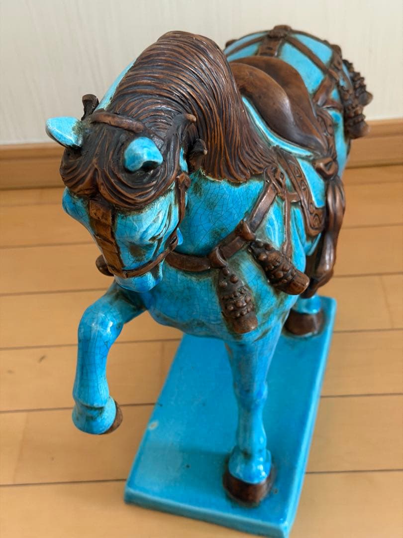 青い陶器製馬の置物 約41cm 縁起　戦馬