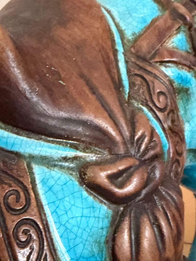 青い陶器製馬の置物 約41cm 縁起　戦馬