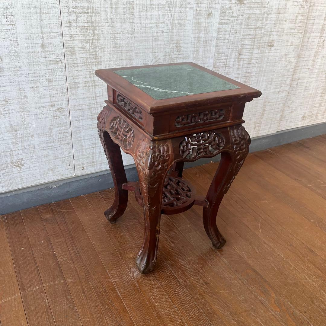 【アンティーク】唐木 花台 透かし彫り 飾り台 高卓 大理石天板 古道具 古民家