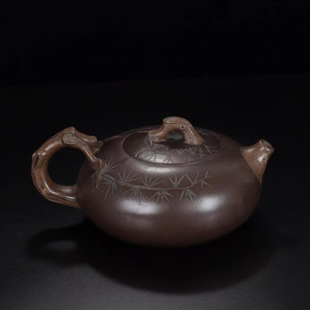 中国古美術・松針紫砂壺セット・底款蔣蓉紋・宜興原鉱・紫泥急須・茶壺・茶道具・置物