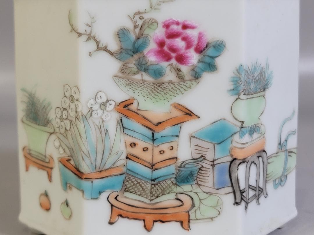 中国 色絵 花盆絵 六方 茶壷 DT448
