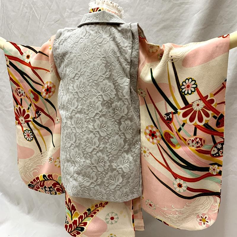 510ag42□七五三 三歳 セミアンティーク 女児 着物&被布 流水に花□良好