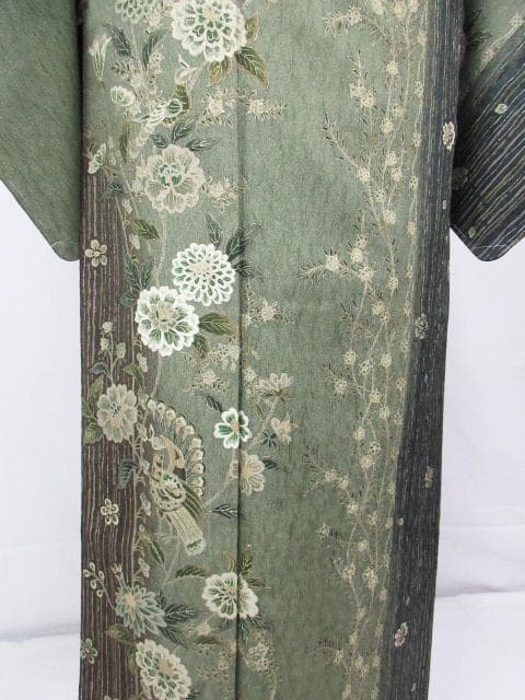 ロミ新古品！ふくれ織＊花唐草＆タテ柄＊松葉色＊紋無し訪問着１６０ｃｍ裄６５