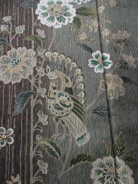 ロミ新古品！ふくれ織＊花唐草＆タテ柄＊松葉色＊紋無し訪問着１６０ｃｍ裄６５