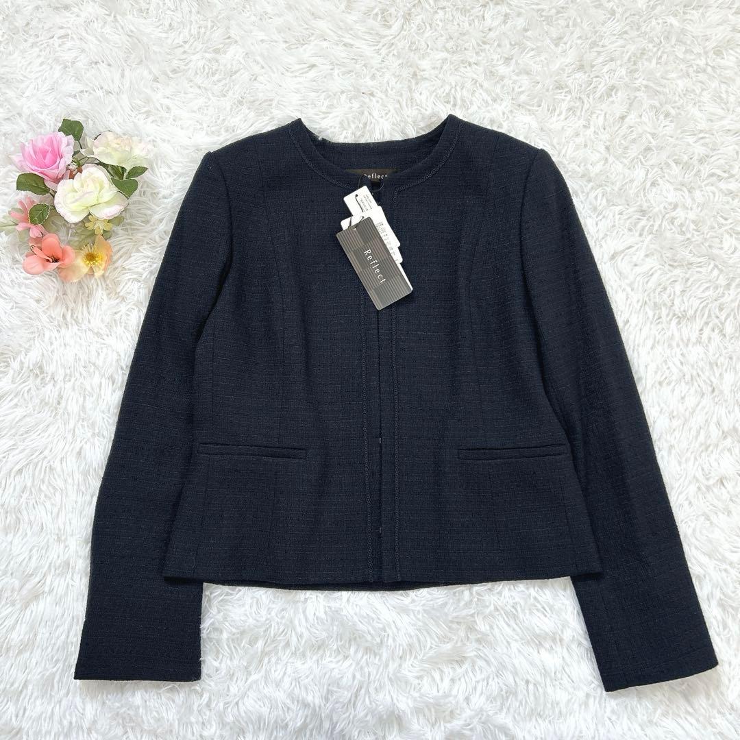 新品タグ付✨リフレクト　ツイードジャケット　ネイビー　9号　ノーカラー　定価4万