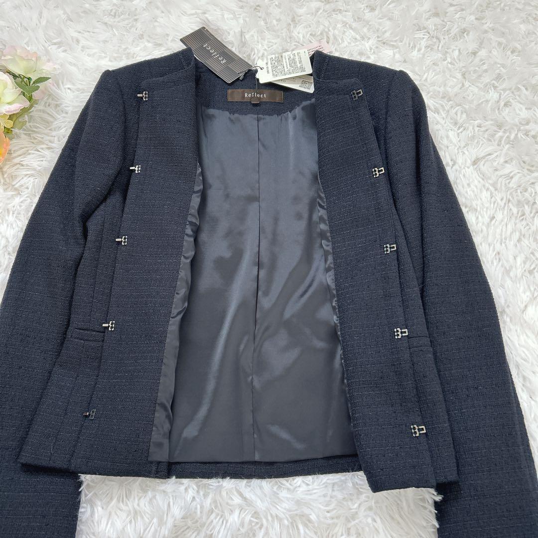 新品タグ付✨リフレクト　ツイードジャケット　ネイビー　9号　ノーカラー　定価4万