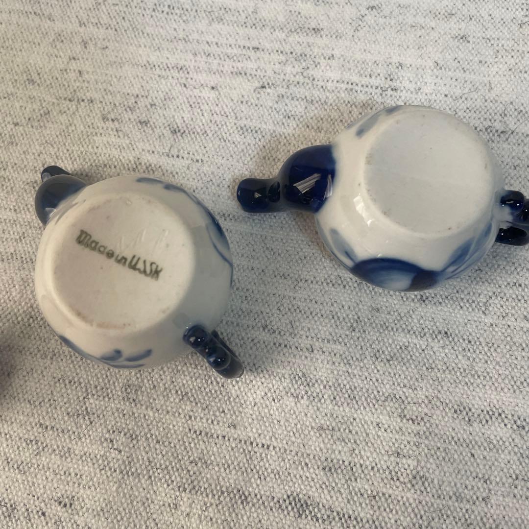 【値下げ】ロシア　グジェリ焼き　陶器 サモワール　ティーポット　ブルー　ペア