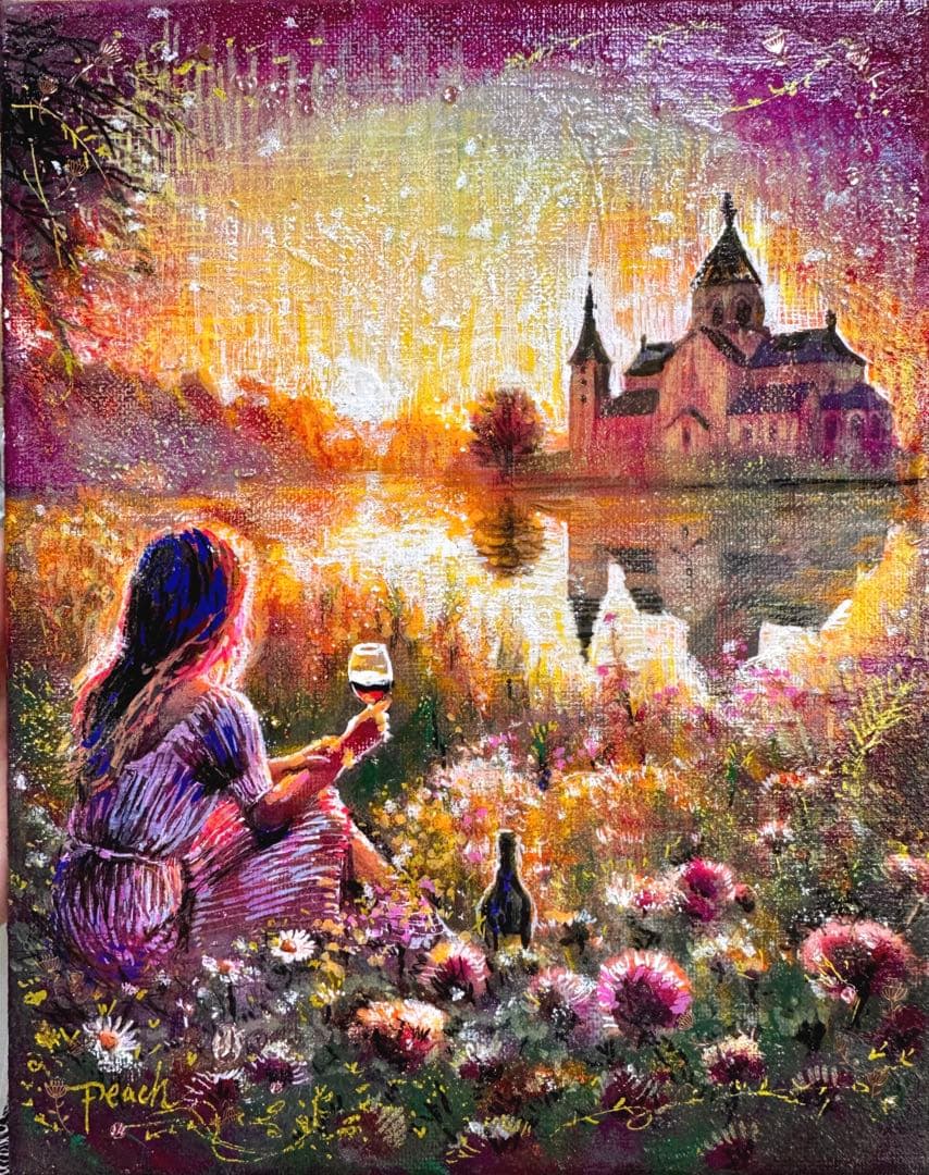 a*a様 絵画原画　《光を放つ湖畔》キラキラPower purple ご来光と乾