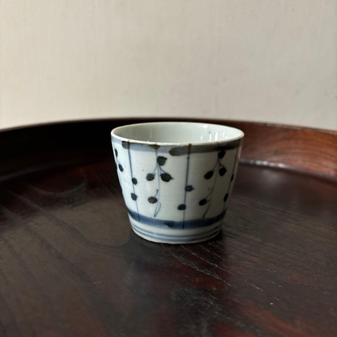 古伊万里染付　格子縞　蔓草文　⑤蕎麦猪口　江戸初期前期　アンティーク　白磁　李朝