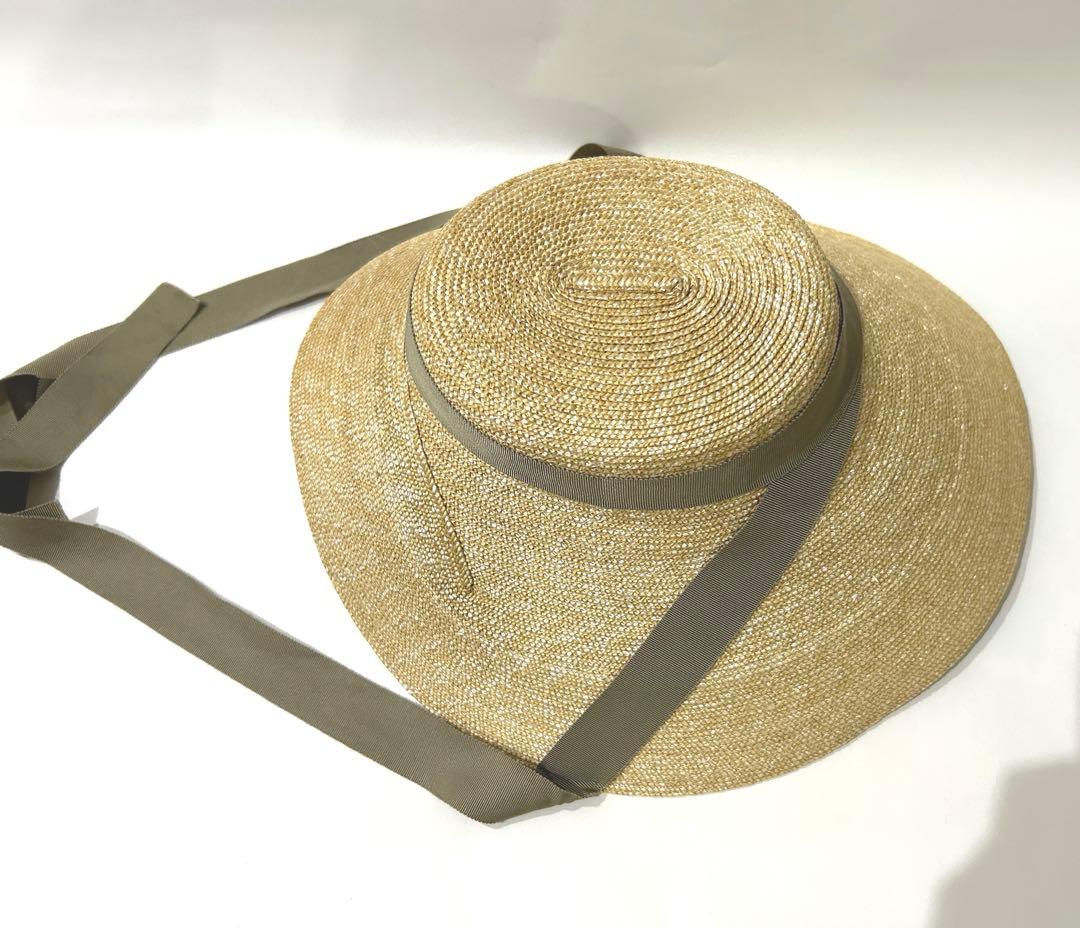 KIKONO Emmaグリーンベージュリボン　麦わら帽子