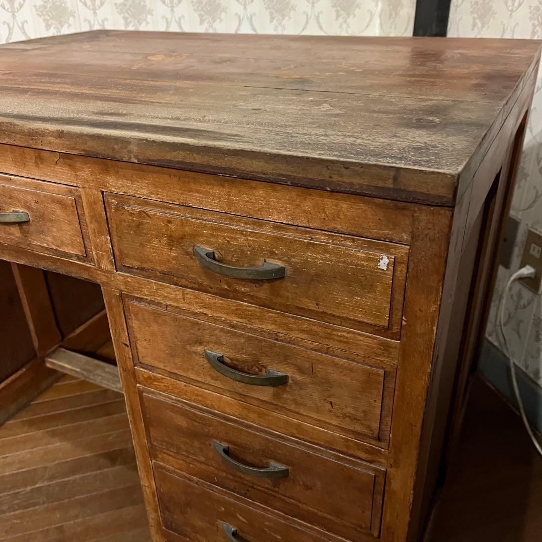 【アンティーク】昭和レトロ 木製 無垢材 片袖机 勉強机 デスク 古家具 古道具