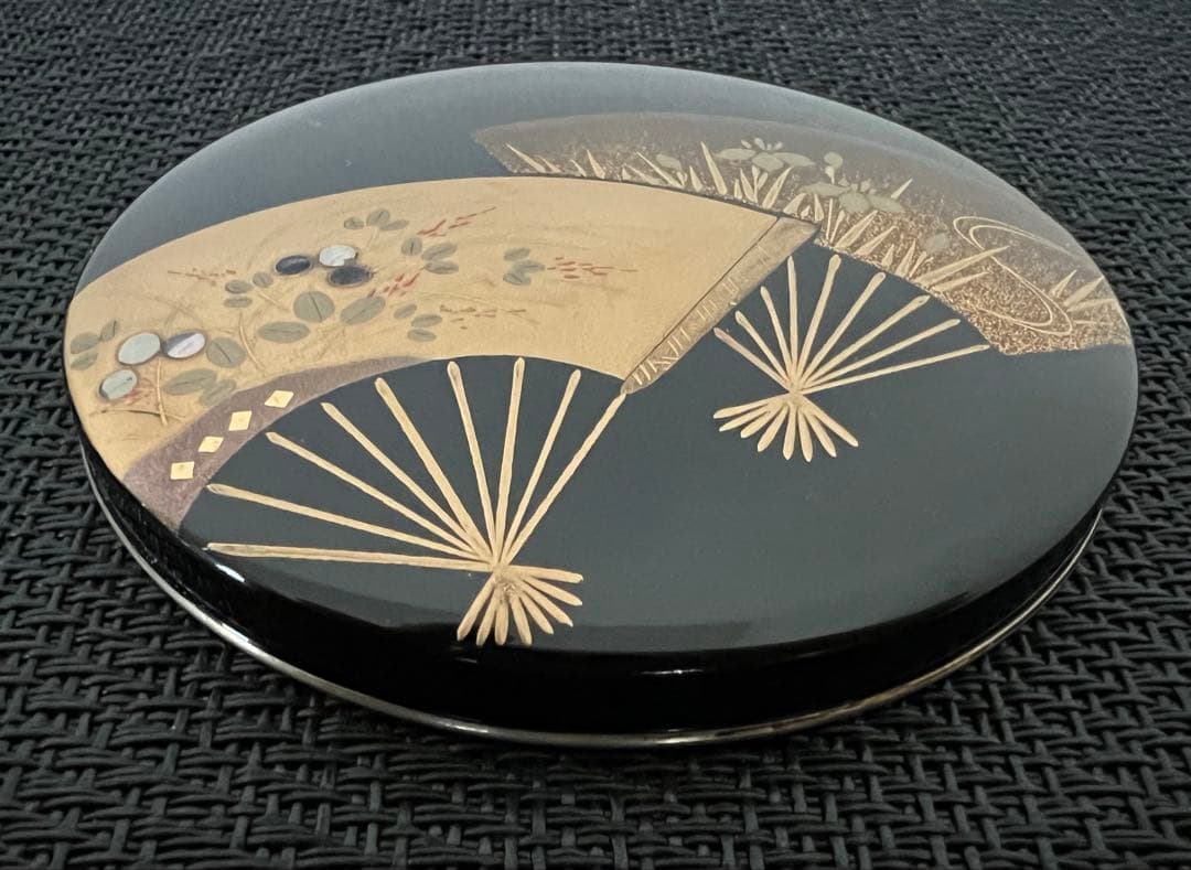 箕輪一星 作 扇面蒔絵香合 銀縁 箱付き