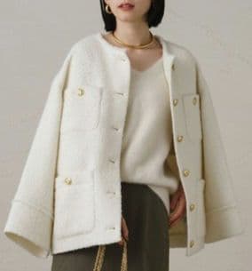 ラウンジドレス　ツイードノーカラージャケット　フリンジ　金ボタン　オーバーサイズ