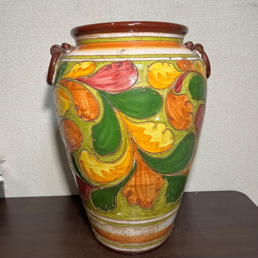 イタリア 傘立て 手彫り　テラコッタ　手描き アンティーク