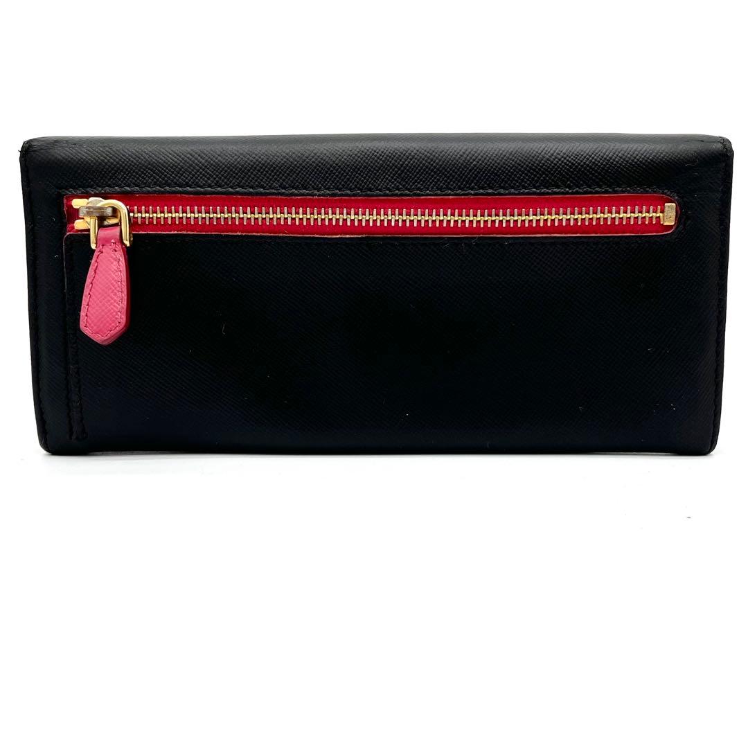 【美品】PRADA 長財布　サフィアーノレザー リボン　バイカラー　黒　ピンク