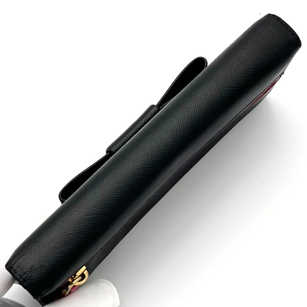 【美品】PRADA 長財布　サフィアーノレザー リボン　バイカラー　黒　ピンク