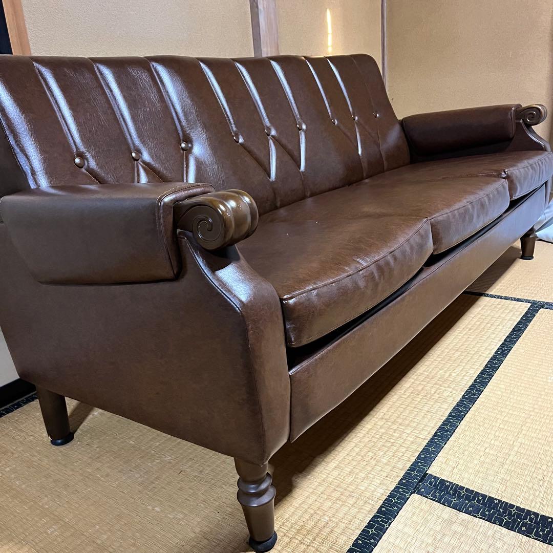 2/15まで！　昭和レトロ　ブラウン　合皮3人掛けソファー