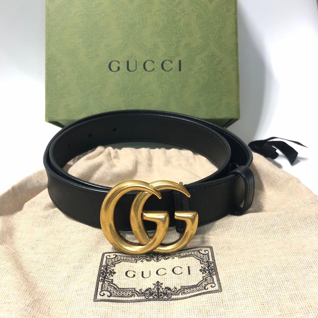 GUCCI ブラックレザーベルト GGロゴ ダブルGスリムベルト