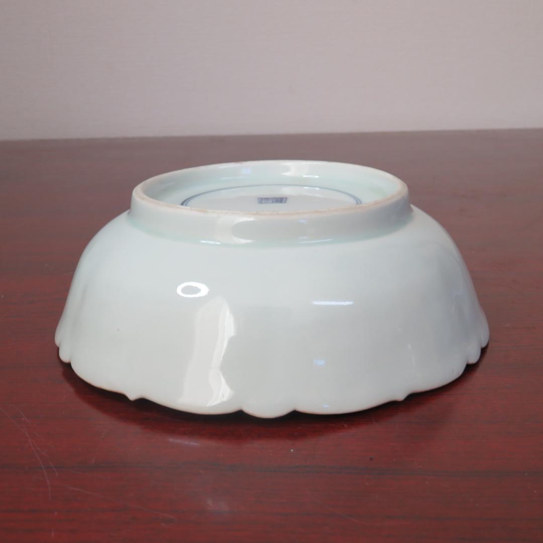 染付 なます皿 2ケ 芙蓉手 明治 花文様 輪花 花弁 唐花草 歪み