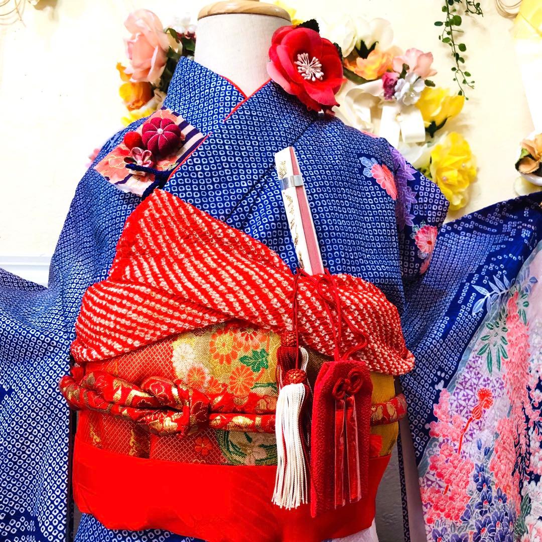 七五三7歳‼️豪華絞り柄風御所車牡丹花々金糸刺繍煌びやか全てついてる完全フルセット