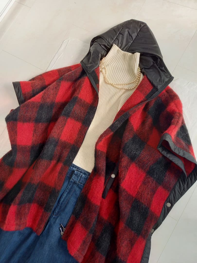 美品　MaxMara チェック柄フード付きポンチョ L