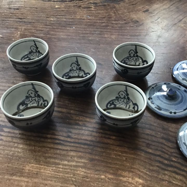 熊野古青　染付福の神　湯呑五客　九谷焼