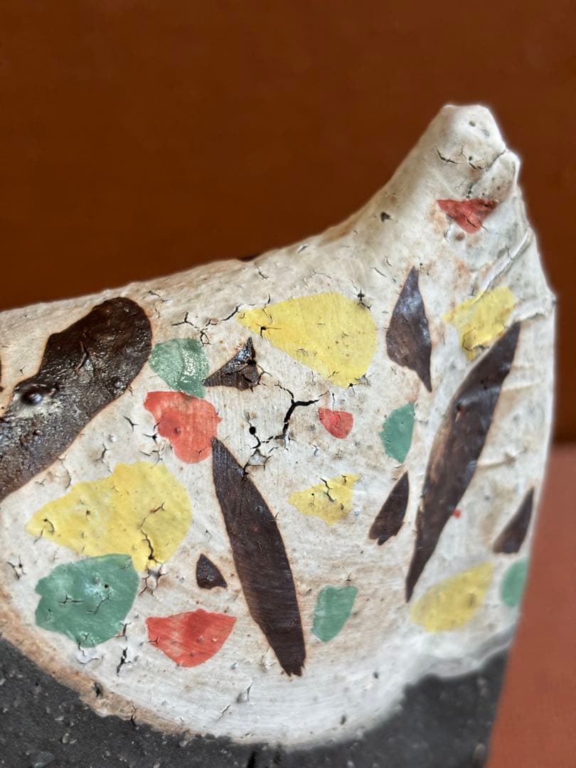 やまちゃん河井寛次郎作色絵草花文鶏形置物　森の一番鶏夜から朝へ　一品物