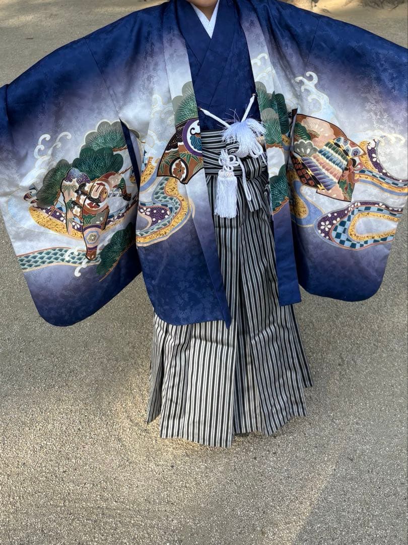 七五三用　着物 紺-鷹兜　5歳　男の子　袴