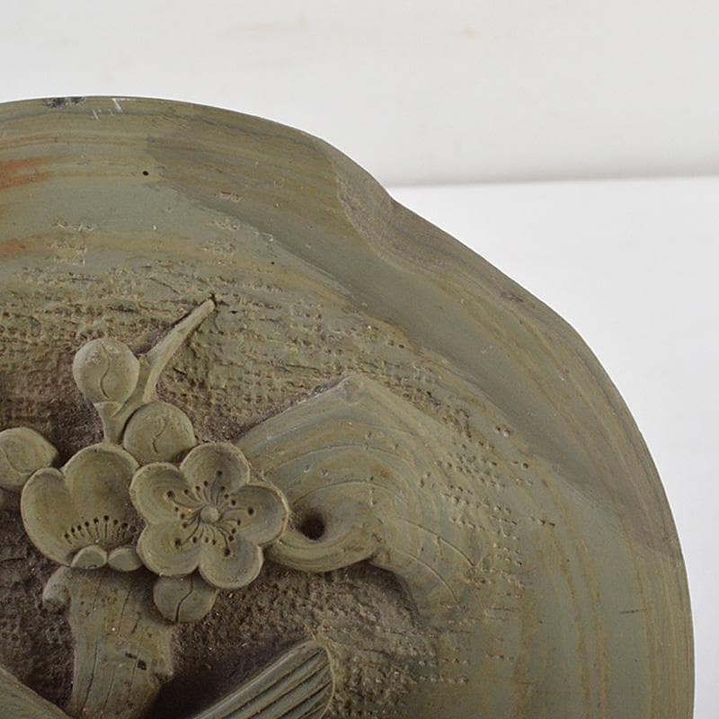 中国　書道具　滑原端渓石　玉泉作　梅木に鳥刻　緑端渓硯　C　R6094