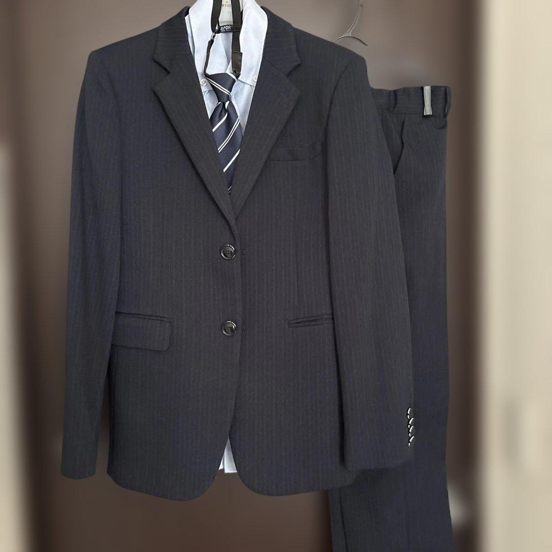 BEAMS EDSIGN紺色ストライプ スーツ(160cm)ワイシャツネクタイ付