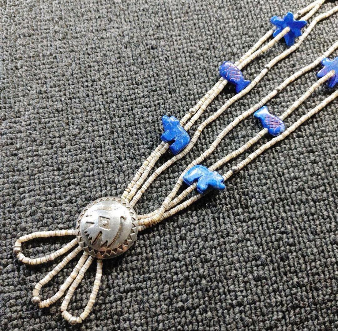 インディアンジュエリー　フェティッシュコンチョ3連ラピスラズリネックレス