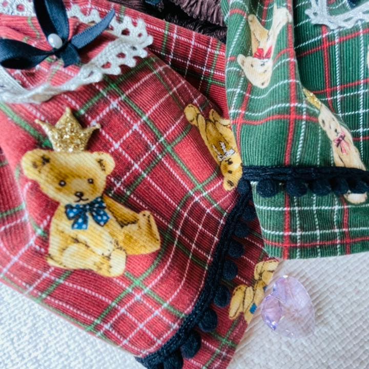 コールテンテディベア　赤チェック　犬服ハンドメイド　犬の洋服