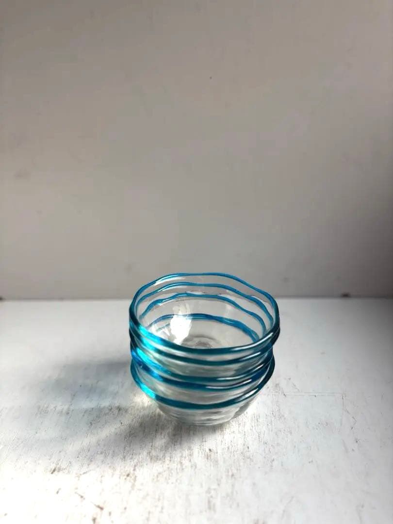 824 民芸 工芸 倉敷ガラス 色口巻き輪花小鉢 5枚組 ブルー 美品